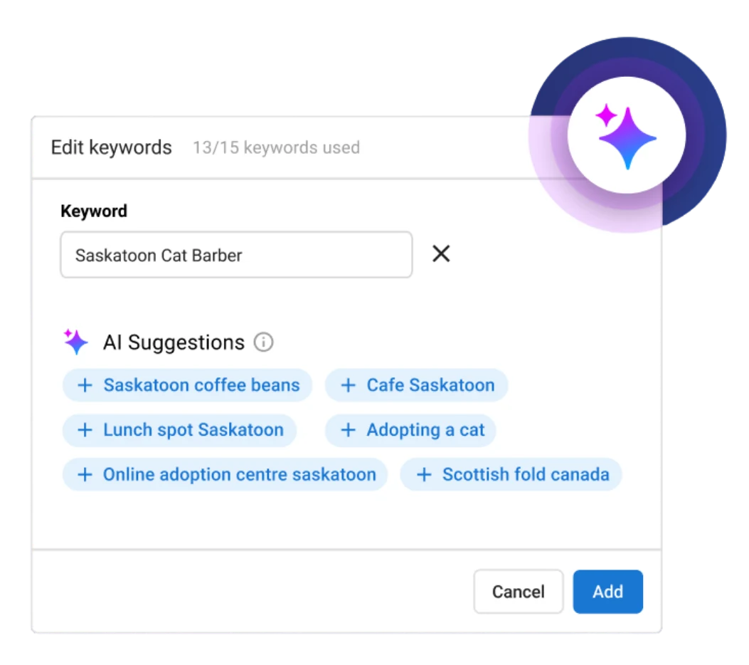 Local search keyword editor with AI-generated keyword suggestions