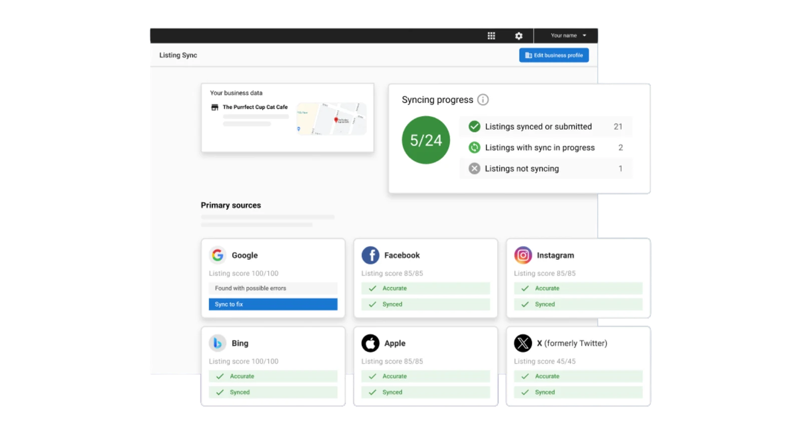 Business listing dashboard with profile completion and directory connections