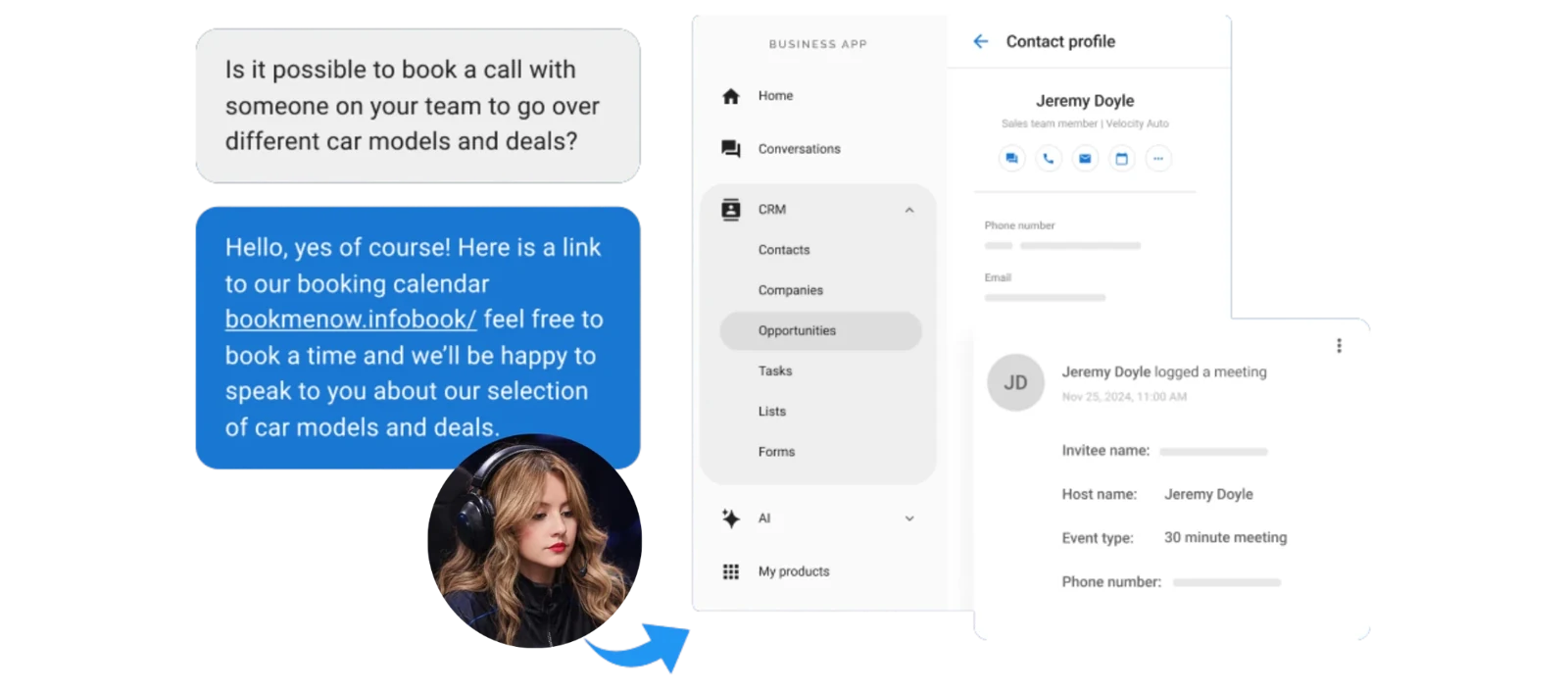 AI booking conversation alongside a captured contact profile