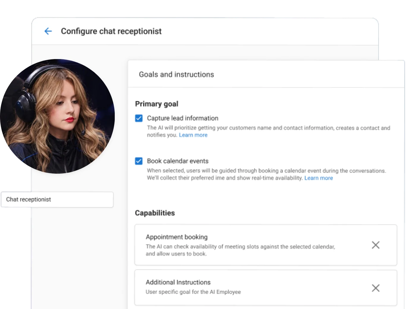 Chat receptionist settings showing lead capture and calendar booking instructions
